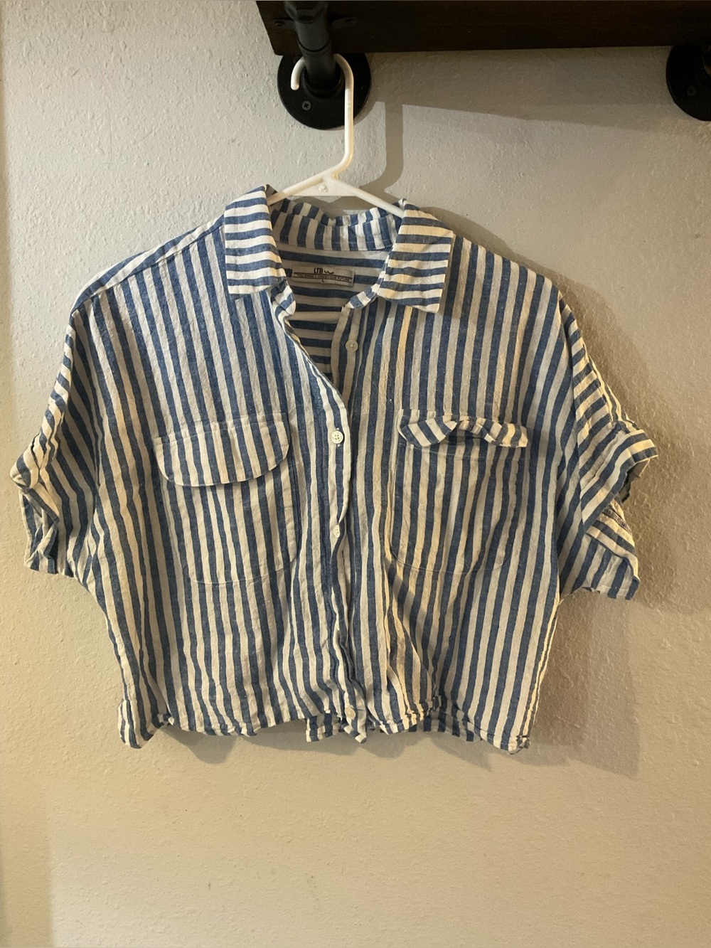 Blue and White Striped Cropped Button-Up Shirt